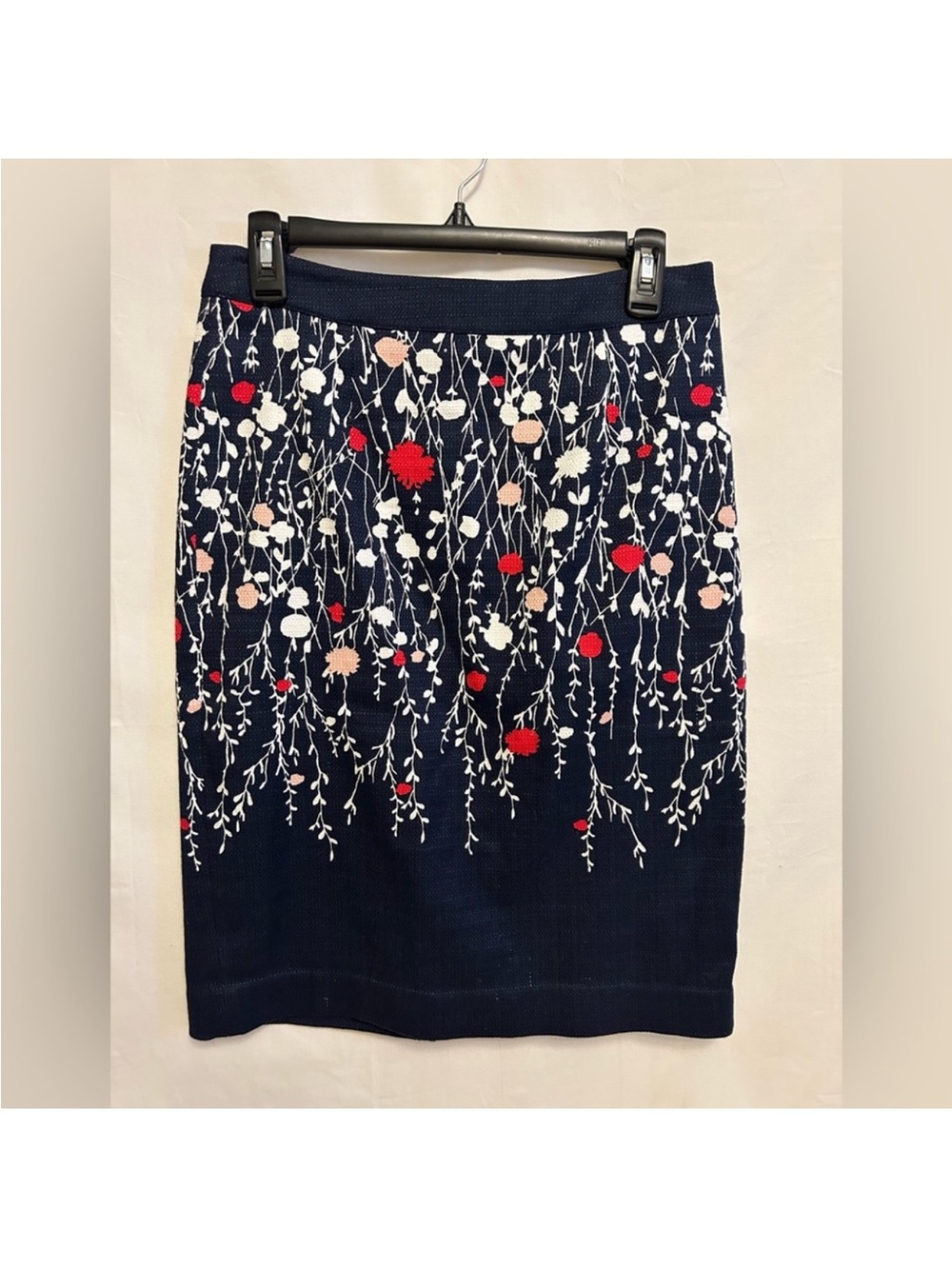 Boden Navy Floral Embroidered Pencil Skirt